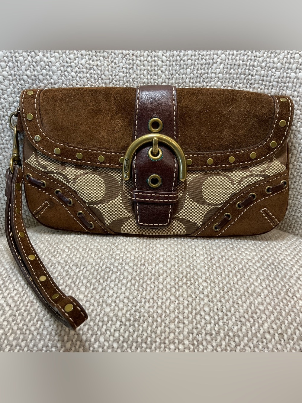 Vintage Coach Soho Signature Suede Studded Buckle Flap Wristlet Clutch (Brown)